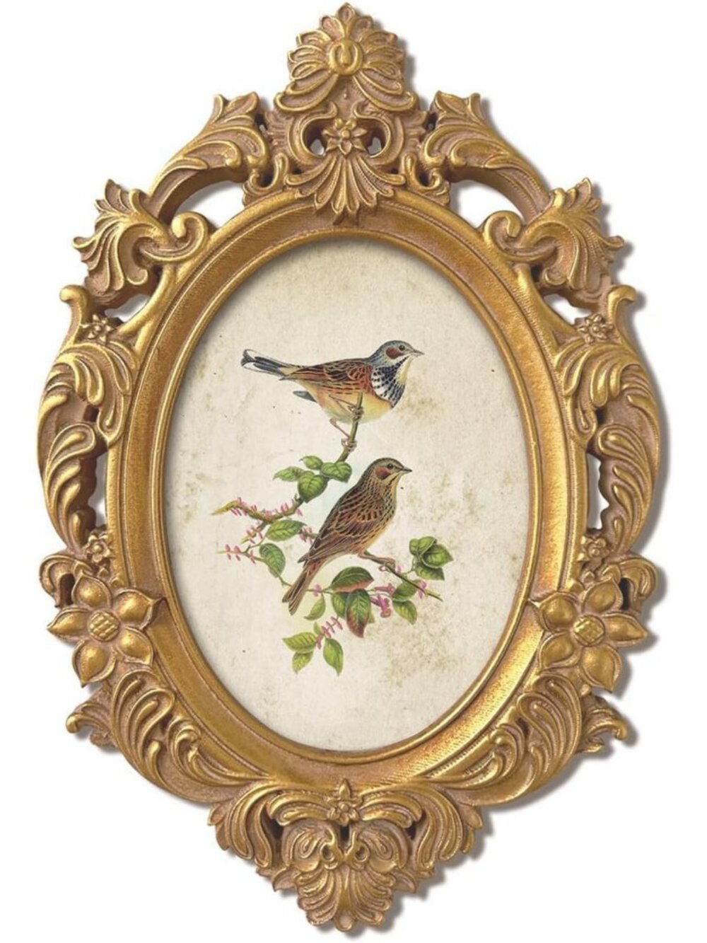 Vintage 3D Embossed Baroque Wall Art with Gold Frame & Botanical Bird Print